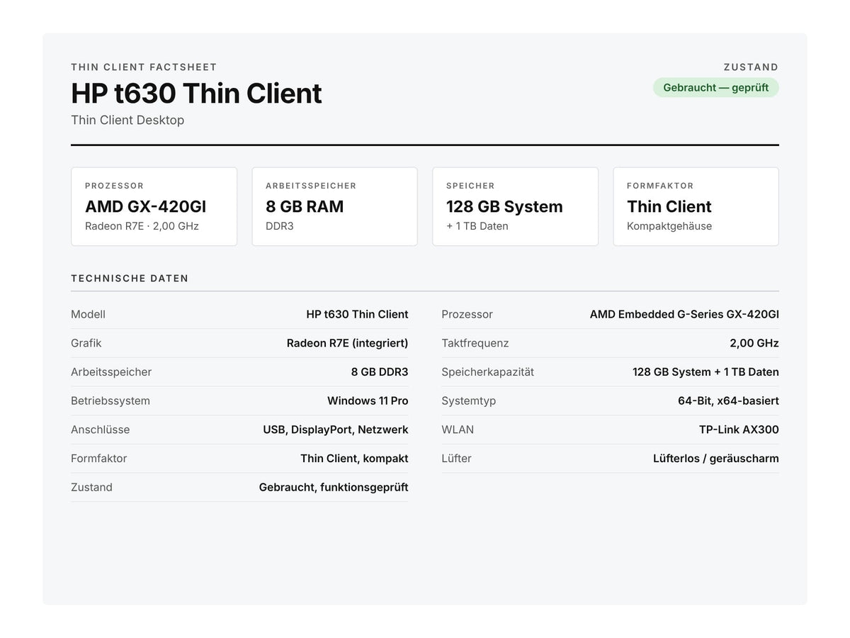 HP Thin Client t630 – technische Daten, 128 GB System + 1 TB Daten